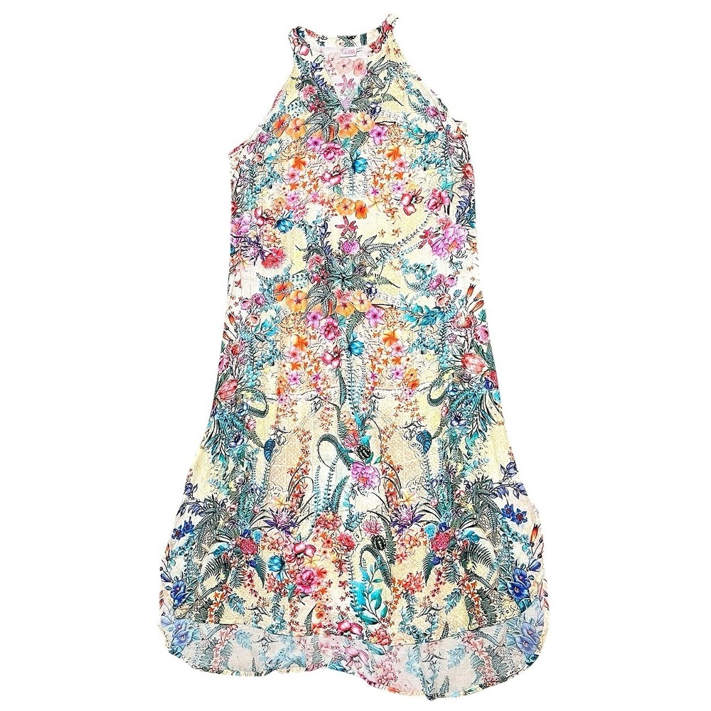 Cienna Floral Tropical Print High Low Halter V-Neck Viscose Modal Dress Large